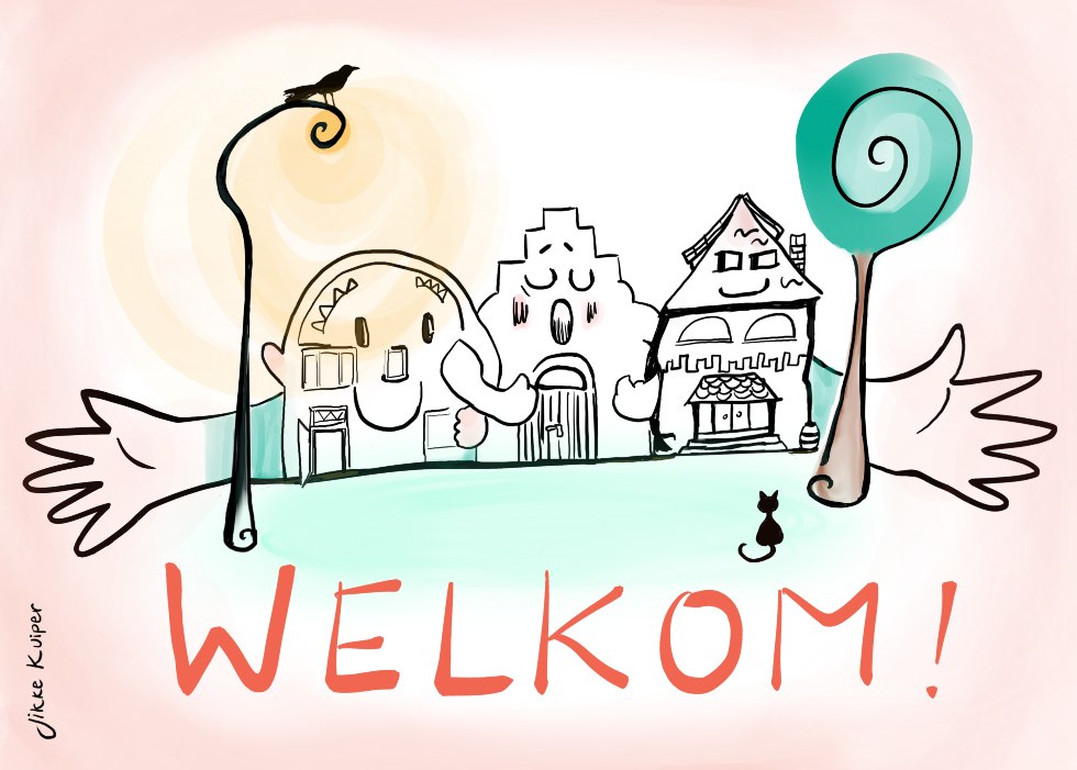 Getekende huisjes met een eigen karakter en emotie staan gearmd op een rij. Eronder de tekst Welkom Door Jikke Kuiper